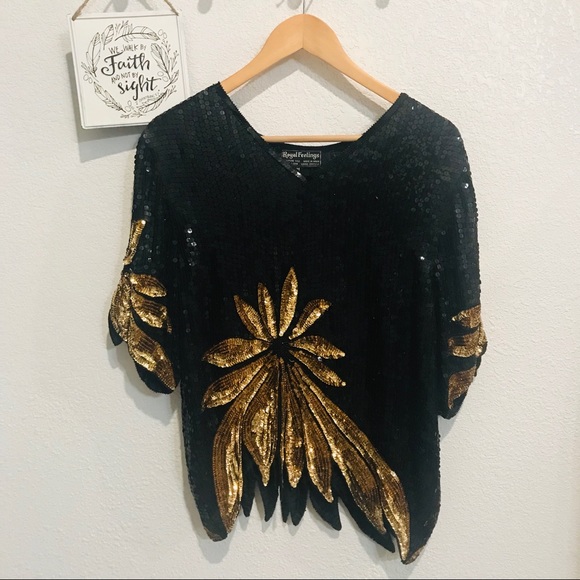 Vintage Royal Feelings 100% Silk sequined Top Sz M - Picture 2 of 8